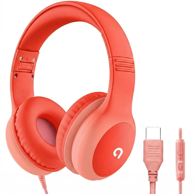Main image of Wired Kids Headphones with USB C Plug, 85dB Safe Volume, Adjustable Headband, Tangle-Free Cord Headphones for School, Tablet, Travel (Coral Red & Soft Peach, with Microphone)
