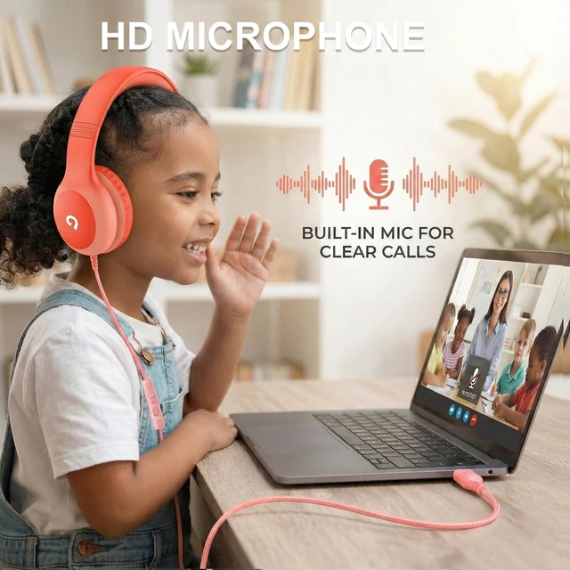 Alt view image 2 of 7 - Wired Kids Headphones with USB C Plug, 85dB Safe Volume, Adjustable Headband, Tangle-Free Cord Headphones for School, Tablet, Travel (Coral Red & Soft Peach, with Microphone)