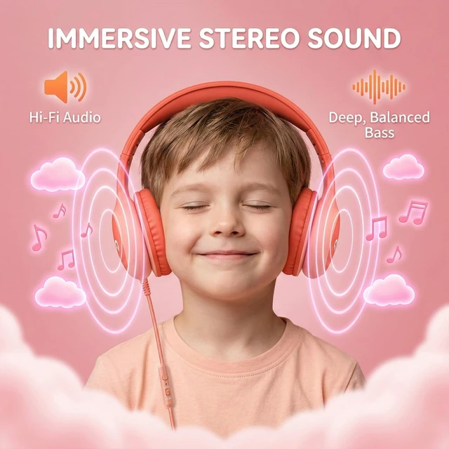 Alt view image 3 of 7 - Wired Kids Headphones with USB C Plug, 85dB Safe Volume, Adjustable Headband, Tangle-Free Cord Headphones for School, Tablet, Travel (Coral Red & Soft Peach, with Microphone)