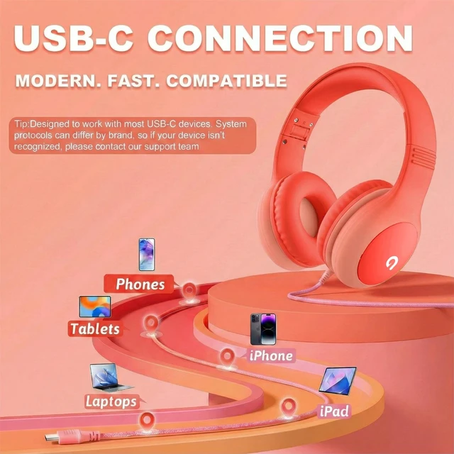 Alt view image 5 of 7 - Wired Kids Headphones with USB C Plug, 85dB Safe Volume, Adjustable Headband, Tangle-Free Cord Headphones for School, Tablet, Travel (Coral Red & Soft Peach, with Microphone)