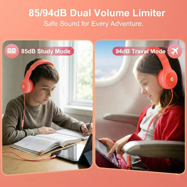 Alt view image 4 of 7 - Wired Kids Headphones with USB C Plug, 85dB Safe Volume, Adjustable Headband, Tangle-Free Cord Headphones for School, Tablet, Travel (Coral Red & Soft Peach, with Microphone)
