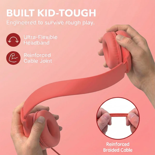 Alt view image 6 of 7 - Wired Kids Headphones with USB C Plug, 85dB Safe Volume, Adjustable Headband, Tangle-Free Cord Headphones for School, Tablet, Travel (Coral Red & Soft Peach, with Microphone)