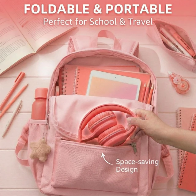 Alt view image 7 of 7 - Wired Kids Headphones with USB C Plug, 85dB Safe Volume, Adjustable Headband, Tangle-Free Cord Headphones for School, Tablet, Travel (Coral Red & Soft Peach, with Microphone)