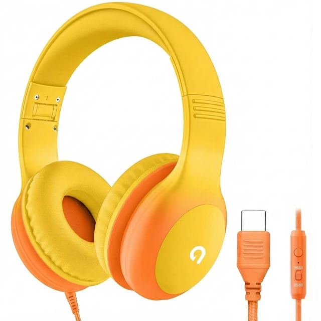 Main image of Wired Kids Headphones with USB C Plug, 85dB Safe Volume, Adjustable Headband, Tangle-Free Cord Headphones for School, Tablet, Travel (Yellow & Orange, with Microphone)
