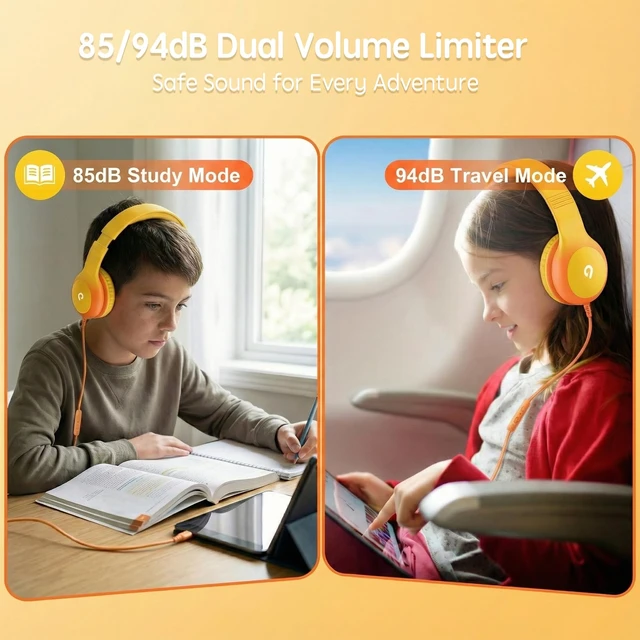 Alt view image 2 of 7 - Wired Kids Headphones with USB C Plug, 85dB Safe Volume, Adjustable Headband, Tangle-Free Cord Headphones for School, Tablet, Travel (Yellow & Orange, with Microphone)