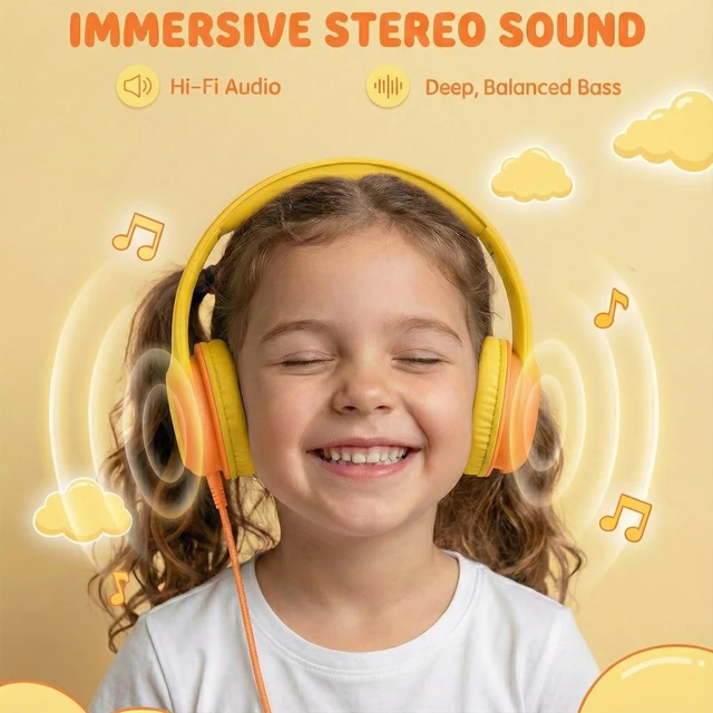 Alt view image 3 of 7 - Wired Kids Headphones with USB C Plug, 85dB Safe Volume, Adjustable Headband, Tangle-Free Cord Headphones for School, Tablet, Travel (Yellow & Orange, Without Microphone)