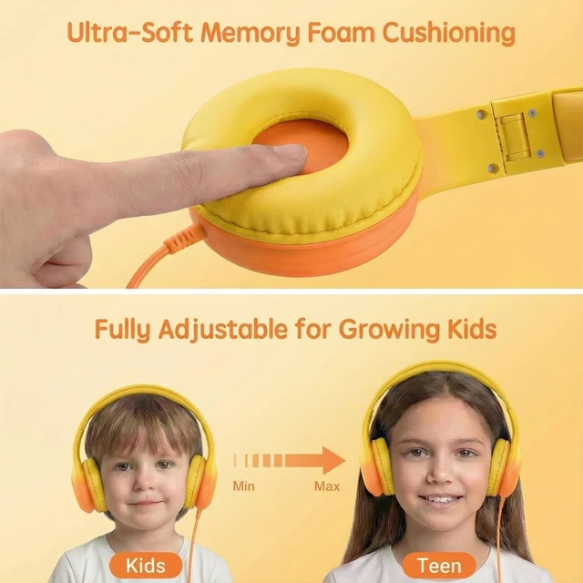Alt view image 5 of 7 - Wired Kids Headphones with USB C Plug, 85dB Safe Volume, Adjustable Headband, Tangle-Free Cord Headphones for School, Tablet, Travel (Yellow & Orange, Without Microphone)