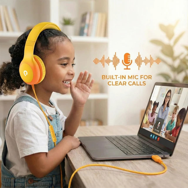Alt view image 5 of 7 - Wired Kids Headphones with USB C Plug, 85dB Safe Volume, Adjustable Headband, Tangle-Free Cord Headphones for School, Tablet, Travel (Yellow & Orange, with Microphone)
