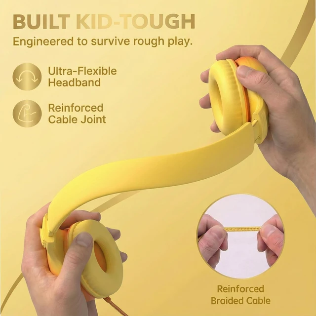 Alt view image 6 of 7 - Wired Kids Headphones with USB C Plug, 85dB Safe Volume, Adjustable Headband, Tangle-Free Cord Headphones for School, Tablet, Travel (Yellow & Orange, Without Microphone)