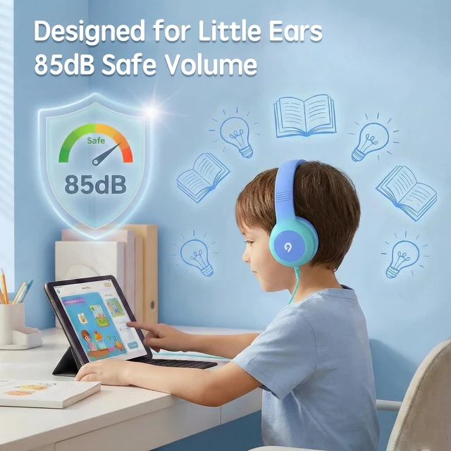 Alt view image 2 of 7 - Wired Kids Headphones with USB C Plug, 85dB Safe Volume, Adjustable Headband, Tangle-Free Cord Headphones for School, Tablet, Travel (Sky Blue & Mint Green, Without Microphone)