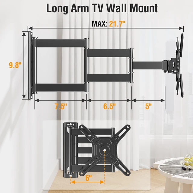 Alt view image 7 of 7 - 21.7in Long Arm TV Mount for 14-42" TVs Monitors, Max VESA 200x200 Full Motion Swivel & Tilt tv wall mount, Max 44 Lbs Load, sturdy tv mount bracket for corner & homeoffice installation