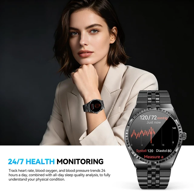 Alt view image 3 of 7 - Luxury Smart Watch for Men, Bluetooth Calls, Activity Tracker, Android iOS AMOLED, 24/7 Heart Rate/Blood Oxygen/Blood Pressure/Sleep Monitor, 160+ Sports Modes, Pedometer, IP68 Waterproof, 40mm