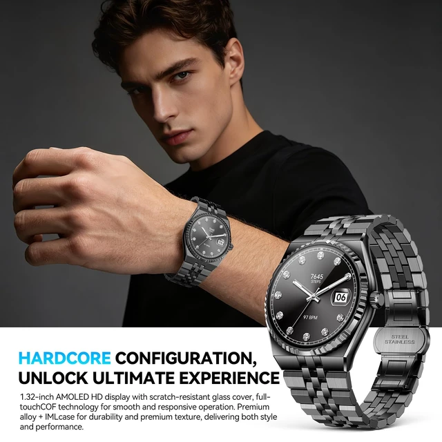 Alt view image 2 of 7 - Luxury Smart Watch for Men, Bluetooth Calls, Activity Tracker, Android iOS AMOLED, 24/7 Heart Rate/Blood Oxygen/Blood Pressure/Sleep Monitor, 160+ Sports Modes, Pedometer, IP68 Waterproof, 40mm