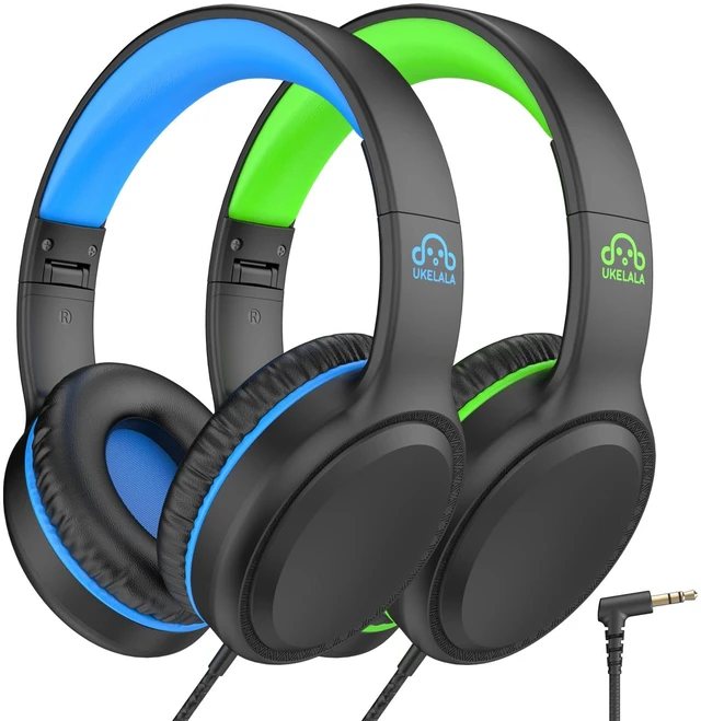 Main image of U2 2Pcs Wired Headphones for Kids for School Boys Girls w/ 3.5mm Foldable Lightweight Corded Head Phones On-Ear Compatible with Chromebooks Laptop Phones for Youth Student Child Blue & Green