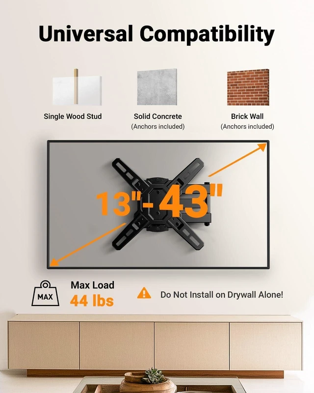 Alt view image 2 of 7 - Full Motion TV Wall Mount for 1343 inch TVs up to 44 lbs Max VESA 200x200mm, corner tv wall mount for TV & Monitors, articulating arms, Extension, swivel, tilt and rotation