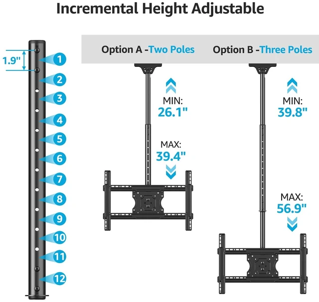 Alt view image 2 of 7 - Ceiling TV Mount for 40-75 Inch Flat Curved TVs, 360° Rotation Heavy Duty Articulating Pole with 99 lbs Capacity, Max VESA 600x400mm, Adjustable Height Ceiling Mount for Restaurant/Office