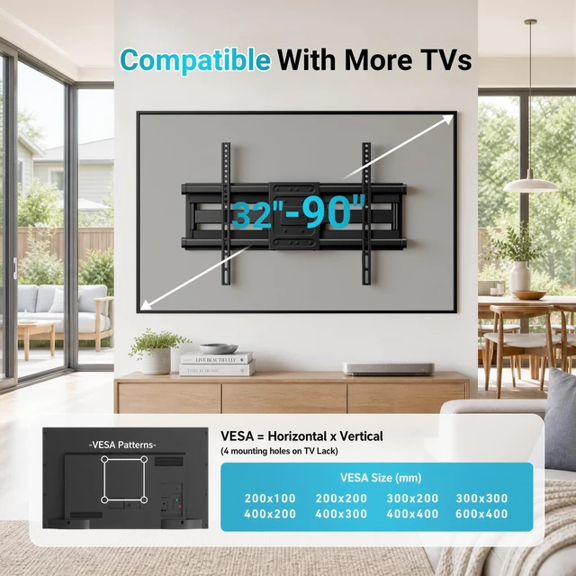 Alt view image 2 of 7 - Full Motion TV Wall Mount for 37-90 Inch TVs, Heavy Duty Swivel Tilt Hold up to 132lbs, Articulating Dual Arm Wall Mount TV Bracket, Max VESA 600x400mm, Fits 24" Wood Studs