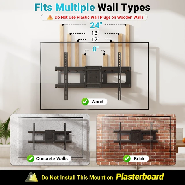 Alt view image 7 of 7 - Full Motion TV Wall Mount for 37-90 Inch TVs, Heavy Duty Swivel Tilt Hold up to 132lbs, Articulating Dual Arm Wall Mount TV Bracket, Max VESA 600x400mm, Fits 24" Wood Studs