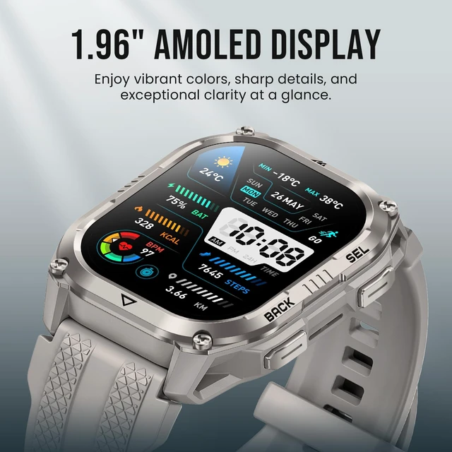 Alt view image 5 of 7 - Pulse 2 Smart Watch with GPS, 5 ATM/IP69 Waterproof, LED Flashlight 1.96" AMOLED Military-Grade Rugged Smartwatch, 170+ Sport Modes, 15-Day Battery, Heart Rate/Sleep Monitor for Android/iPhone