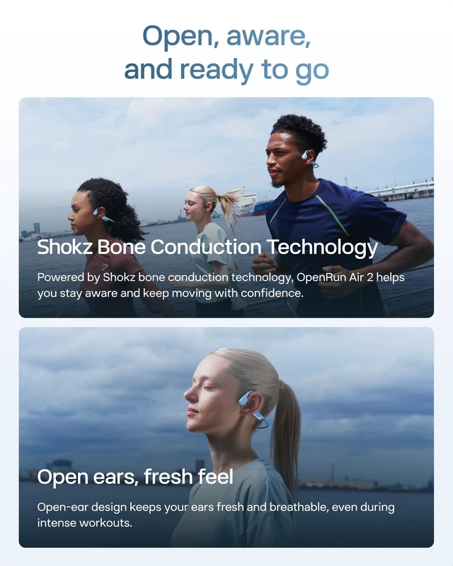 Alt view image 3 of 7 - OpenRun Air 2 Bone Conduction Open-Ear Bluetooth HeadphonesBlue Bundle with Hair Band26.4g lightweight; Secure fit; PremiumPitch 3.0 sound; IP67; 10H battery; Running/cycling/hiking