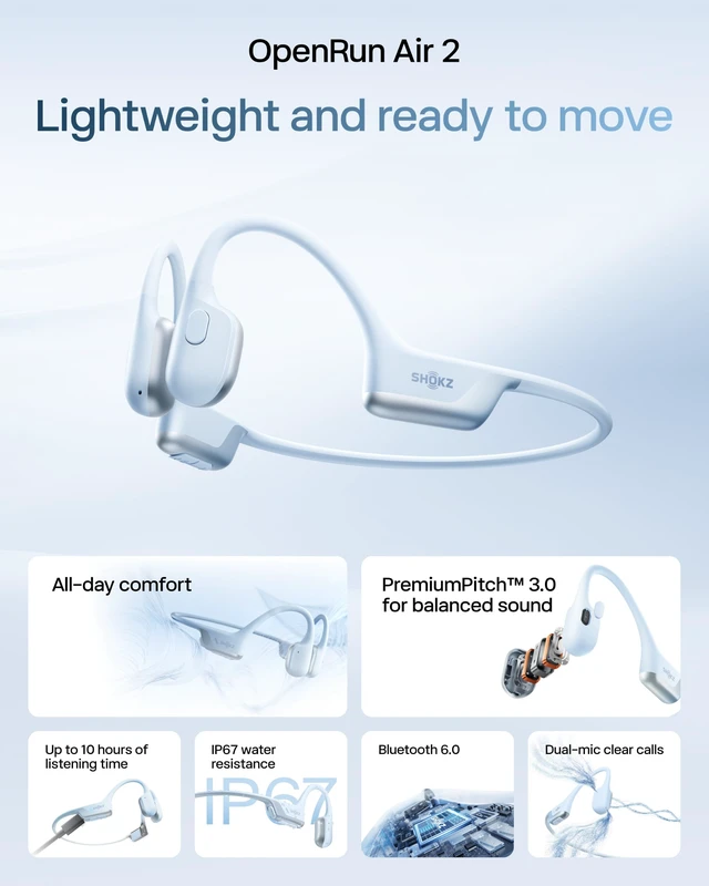 Alt view image 2 of 7 - OpenRun Air 2 Bone Conduction Open-Ear Bluetooth HeadphonesBlue Bundle with Hair Band26.4g lightweight; Secure fit; PremiumPitch 3.0 sound; IP67; 10H battery; Running/cycling/hiking