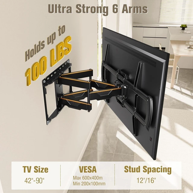 Alt view image 6 of 7 - TV Wall Mount UL Listed for 42-90 Inch Flat Screen TV Full Motion Mount Bracket Swivel Articulating Arms, Max VESA 600x400mm and 100 LBS, Fits 16 Stud, US-Based Customer Service