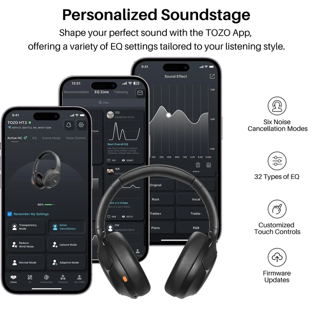 Alt view image 6 of 7 - HT3 Hybrid Noise Cancelling Wireless Headphones, 90H Over Ear Headset Hi Res Audio, AI Voice Assistant, Dual Device Connection, 32 Custom EQs, Built In 5 Mics, ANC, Foldable, Bluetooth 6.0 Gray
