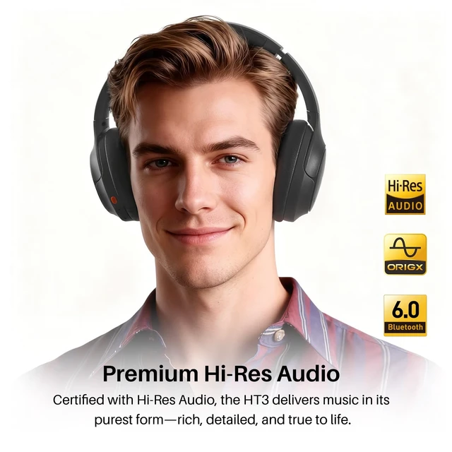 Alt view image 3 of 7 - HT3 Hybrid Noise Cancelling Wireless Headphones, 90H Over Ear Headset Hi Res Audio, AI Voice Assistant, Dual Device Connection, 32 Custom EQs, Built In 5 Mics, ANC, Foldable, Bluetooth 6.0 Gray