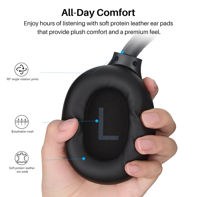 Alt view image 7 of 7 - HT3 Hybrid Noise Cancelling Wireless Headphones, 90H Over Ear Headset Hi Res Audio, AI Voice Assistant, Dual Device Connection, 32 Custom EQs, Built In 5 Mics, ANC, Foldable, Bluetooth 6.0 Gray