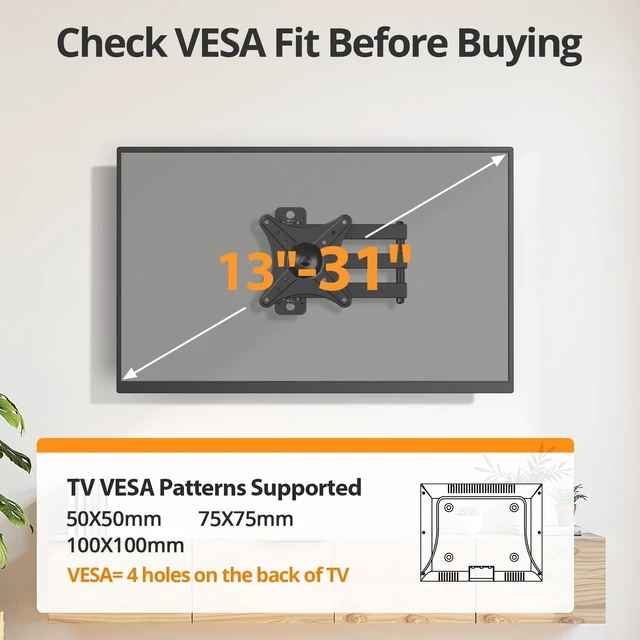 Alt view image 6 of 7 - Monitor Computer Vesa Small 24 inch TV Wall Mount for 13-31", Full Motion 360° rotate, ±15° tilt, 180° swivel; extends 2.56-16.91", Articulating ArmsVESA 100x100mm up to 33lbs10-Yr Support Included