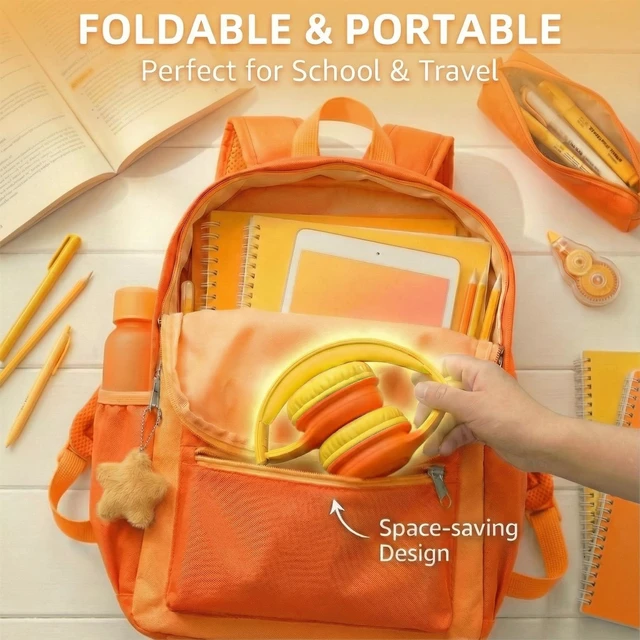 Alt view image 7 of 7 - Wired Kids Headphones with USB C Plug, 85dB Safe Volume, Adjustable Headband, Tangle-Free Cord Headphones for School, Tablet, Travel (Yellow & Orange, Without Microphone)