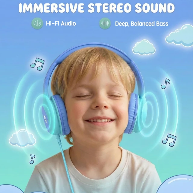 Alt view image 3 of 7 - Wired Kids Headphones with USB C Plug, 85dB Safe Volume, Adjustable Headband, Tangle-Free Cord Headphones for School, Tablet, Travel (Sky Blue & Mint Green, Without Microphone)