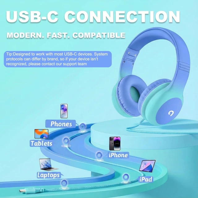 Alt view image 4 of 7 - Wired Kids Headphones with USB C Plug, 85dB Safe Volume, Adjustable Headband, Tangle-Free Cord Headphones for School, Tablet, Travel (Sky Blue & Mint Green, Without Microphone)