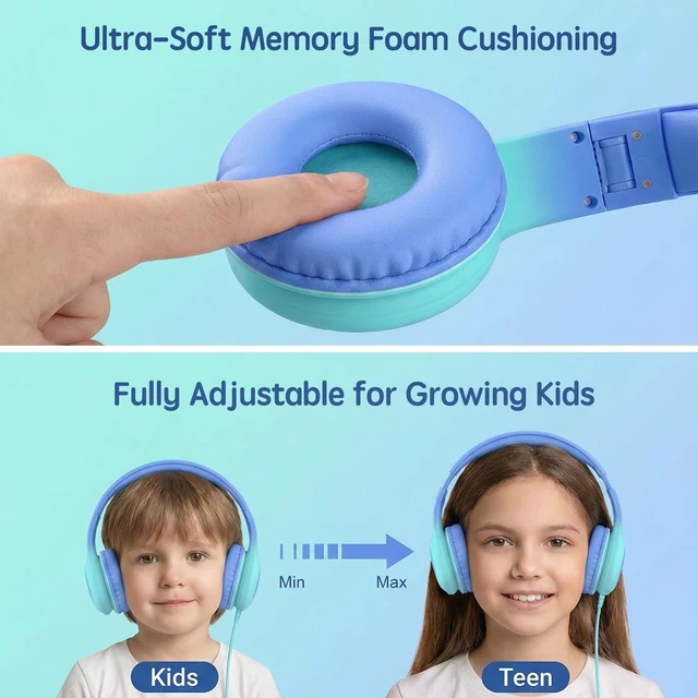 Alt view image 5 of 7 - Wired Kids Headphones with USB C Plug, 85dB Safe Volume, Adjustable Headband, Tangle-Free Cord Headphones for School, Tablet, Travel (Sky Blue & Mint Green, Without Microphone)