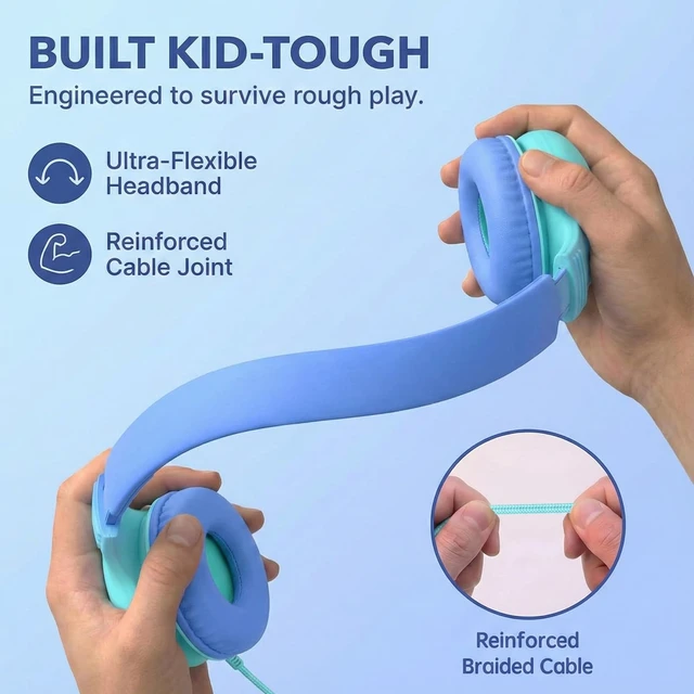 Alt view image 6 of 7 - Wired Kids Headphones with USB C Plug, 85dB Safe Volume, Adjustable Headband, Tangle-Free Cord Headphones for School, Tablet, Travel (Sky Blue & Mint Green, Without Microphone)