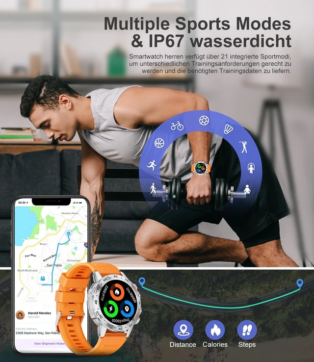 Alt view image 6 of 7 - Smart Watches for Men(Answer/Calls),1.39 inch Touchscreen/5ATM Waterproof/120+ Sports Modes Fitness Watch with Heart Rate for Android/iOS Orange