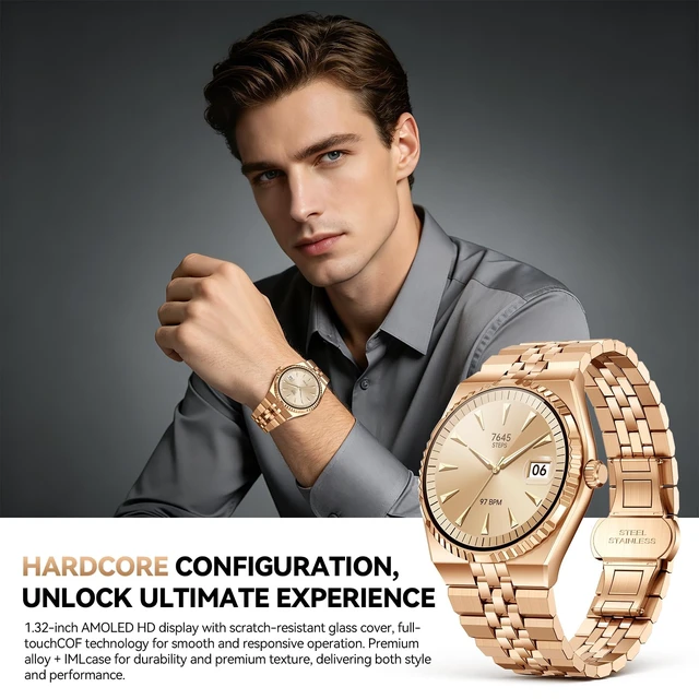 Alt view image 2 of 7 - Smart Watch for Men, Answer/Make Call, Activity Tracker, Steel Strap, 40mm 1.32" AMOLED, Voice Assistant, 24/7 HR/SpO2/Blood Pressure/Sleep Monitor, 160+ Sports, Waterproof, Compatible Android iPhone