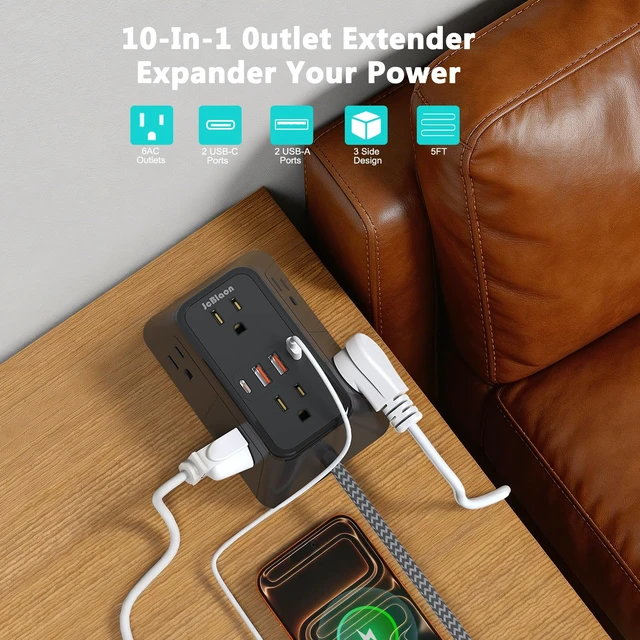 Alt view image 2 of 7 - Surge Protector Power Strip with 6 Widely AC Outlets 4 USB Ports(2 USB C), 5 Ft Braided Power Cord, 3-Side Outlet Extender with Overload Protection for Office, Home, Travel Essential-Black-ETL