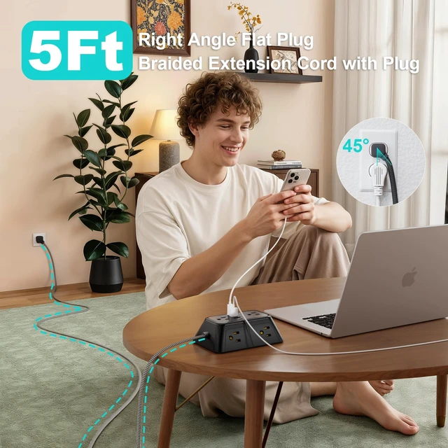Alt view image 4 of 7 - Surge Protector Power Strip with 6 Widely AC Outlets 4 USB Ports(2 USB C), 5 Ft Braided Power Cord, 3-Side Outlet Extender with Overload Protection for Office, Home, Travel Essential-Black-ETL