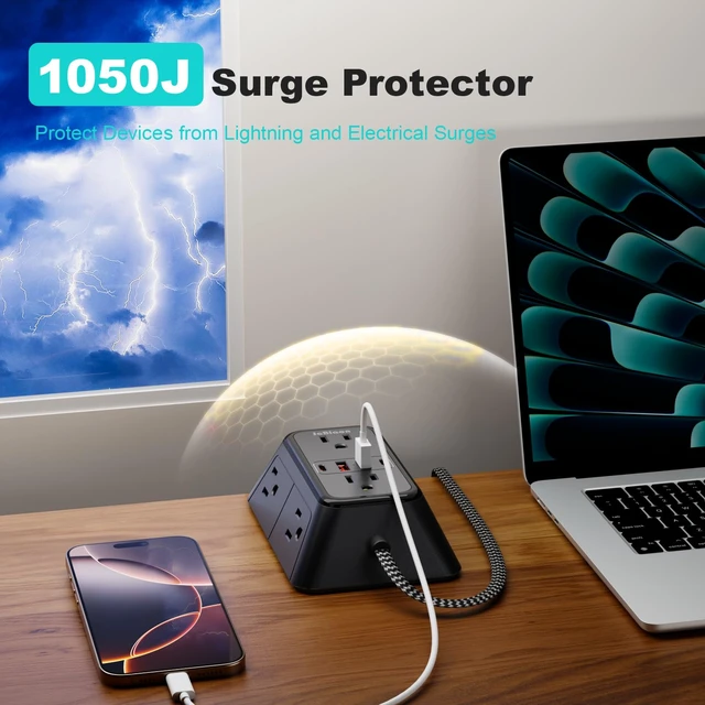 Alt view image 5 of 7 - Surge Protector Power Strip with 6 Widely AC Outlets 4 USB Ports(2 USB C), 5 Ft Braided Power Cord, 3-Side Outlet Extender with Overload Protection for Office, Home, Travel Essential-Black-ETL