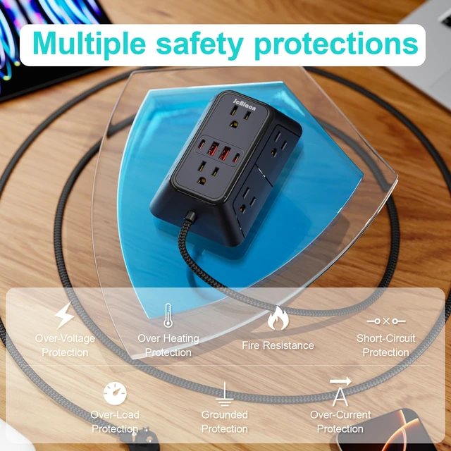 Alt view image 6 of 7 - Surge Protector Power Strip with 6 Widely AC Outlets 4 USB Ports(2 USB C), 5 Ft Braided Power Cord, 3-Side Outlet Extender with Overload Protection for Office, Home, Travel Essential-Black-ETL