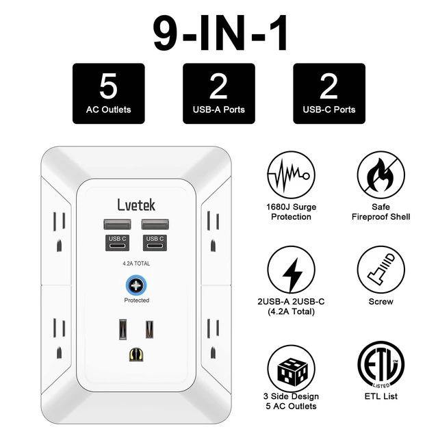 Alt view image 2 of 6 - Outlet Extender, Surge Protector Outlet with 5-Multi Plug Outlet and 4 USB Ports(2 USB C), 3-Sided 1680J Power Strip Wall Charger, Multiple-Plug Outlet Splitter for Home Travel Office,ETL Listed,White