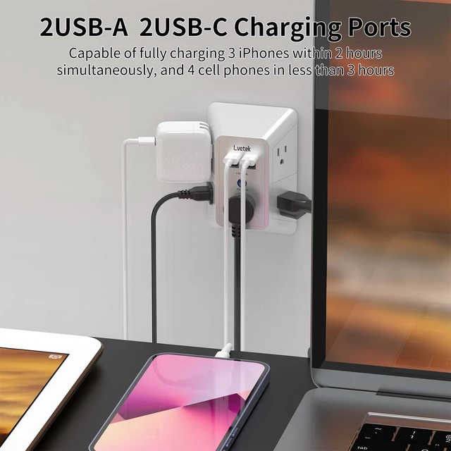 Alt view image 3 of 6 - Outlet Extender, Surge Protector Outlet with 5-Multi Plug Outlet and 4 USB Ports(2 USB C), 3-Sided 1680J Power Strip Wall Charger, Multiple-Plug Outlet Splitter for Home Travel Office,ETL Listed,White