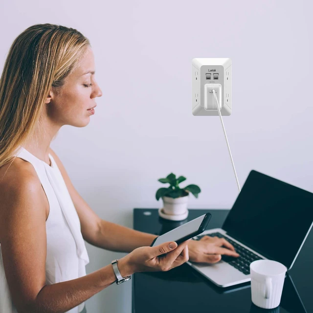 Alt view image 4 of 6 - Outlet Extender, Surge Protector Outlet with 5-Multi Plug Outlet and 4 USB Ports(2 USB C), 3-Sided 1680J Power Strip Wall Charger, Multiple-Plug Outlet Splitter for Home Travel Office,ETL Listed,White