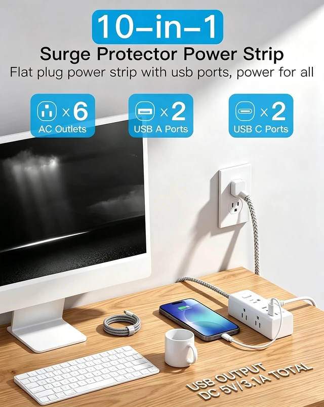 Alt view image 2 of 7 - Surge Protector Power Strip, 5 Ft Flat Plug Extension Cord, 900J 6 Outlets 4 USB Ports(2 USB C), Wall Mount Outlet Extender Small Power Strip for Travel Home Office College Dorm Room Station