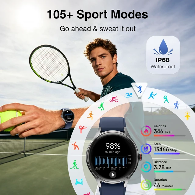 Alt view image 4 of 7 - Smart Watch for Men Women, 105+ Sports Modes Fitness Tracker (Blue) 1.57" HD Display, BT Call/Answer, IP68 Waterproof, 7/24 Heart Rate/Sleep/Stress Monitor, AI Voice, 105+ Sports Modes