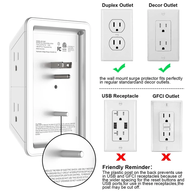Alt view image 6 of 6 - Outlet Extender, Surge Protector Outlet with 5-Multi Plug Outlet and 4 USB Ports(2 USB C), 3-Sided 1680J Power Strip Wall Charger, Multiple-Plug Outlet Splitter for Home Travel Office,ETL Listed,White