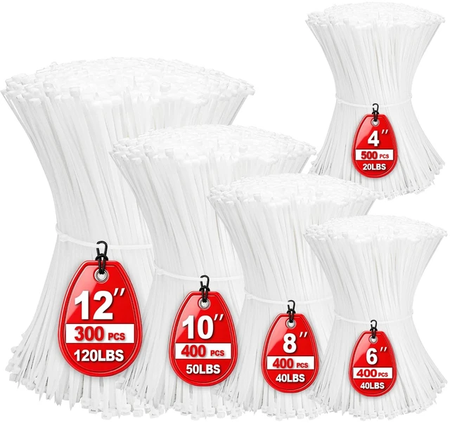 Main image of Zip Ties,2000 Piece Self-Locking Nylon White Cable Ties,Assorted Sizes 4+6+8+10+12-Inch,Multi-Purpose Wire Management Plastic Ties,Perfect for Home,Garden,Office,Travel and Workshop