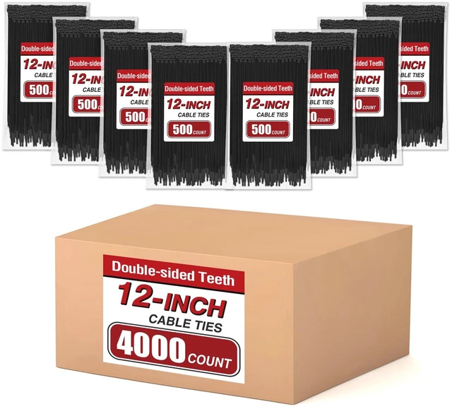 Main image of Zip Ties 12 inch (4000 Pack), 85 lb, Double-sided Toothed, Delivering 1.7X Tensile Strength in the Same Specs, Black, Heavy Duty Cable Ties