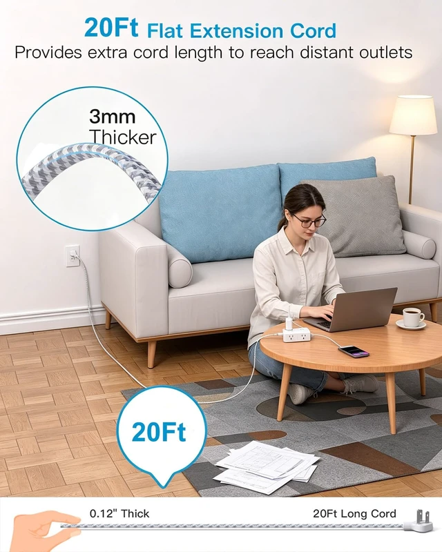 Alt view image 3 of 7 - Extension Cord 20 Ft, Surge Protector Power Strip 20 Ft Long Cord 8 AC Outlets with 4 USB Ports(2 USB C), 20Ft White Flat Plug Power Strip for Home Office College Dorm Room, Desk Essentials